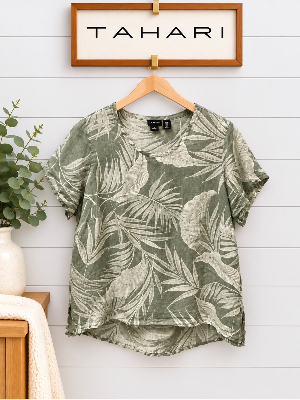 TAHARI Sage Green Tropical Print Linen Blend Blouse Size 1X